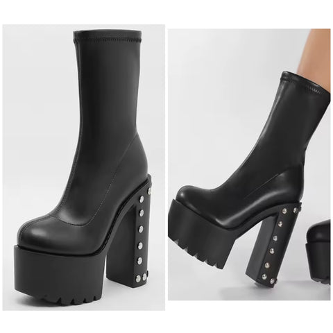Women Fashion Black Platform Rivet High Heel Ankle Boots