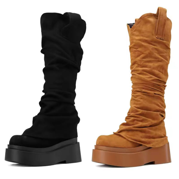 Women Fashion Color Platform Suede Ruched Knee High Boots