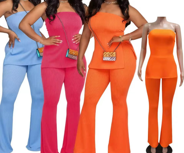 Women Ribbed Strapless Color Fashion Two Piece Pant Set