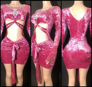 Women Sexy Pink Bling Full Sleeve Cut Out Velour Dress