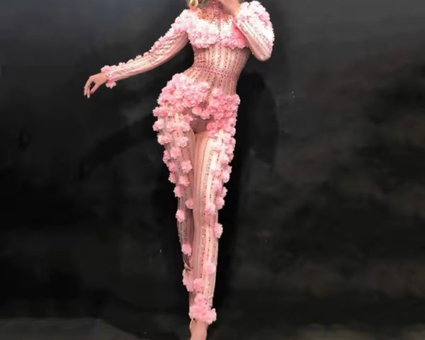 Women Sexy Floral Rhinestone Mesh Full Sleeve Jumpsuit