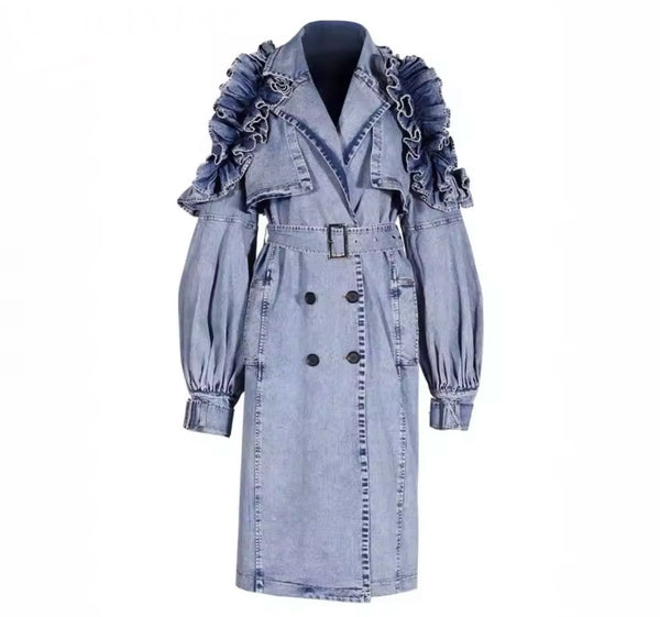 Women Fashion Blue Ruffled Denim Trench Jacket