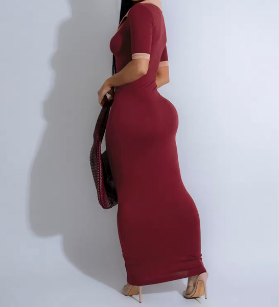 Women Color Patchwork Collar Short Sleeve Sexy Maxi Dress