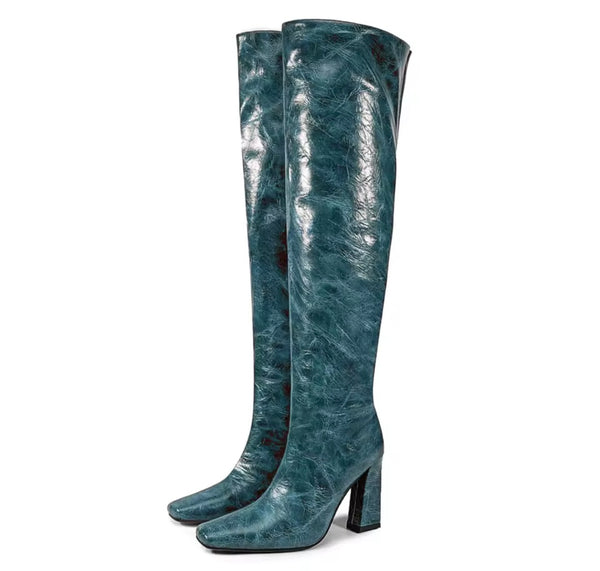 Women Color Faux Leather Square Toe Fashion Knee High Boots
