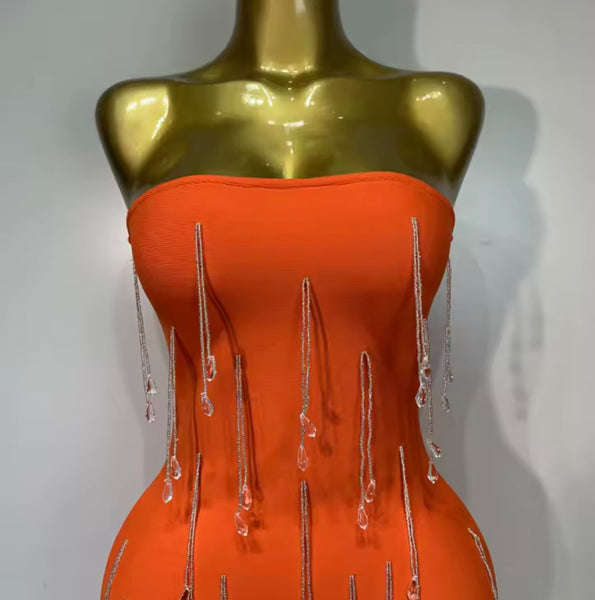Women Sexy Orange Strapless Tassel Crystal Maxi Dress