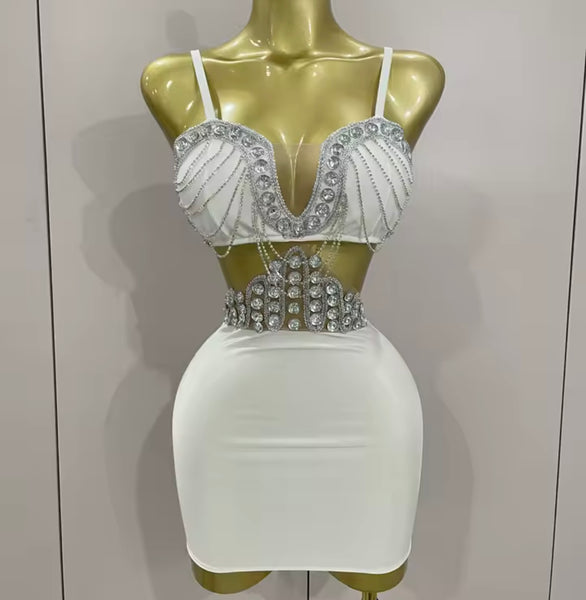Women White Sleeveless Sexy Rhinestone Chain Cut Out Dress