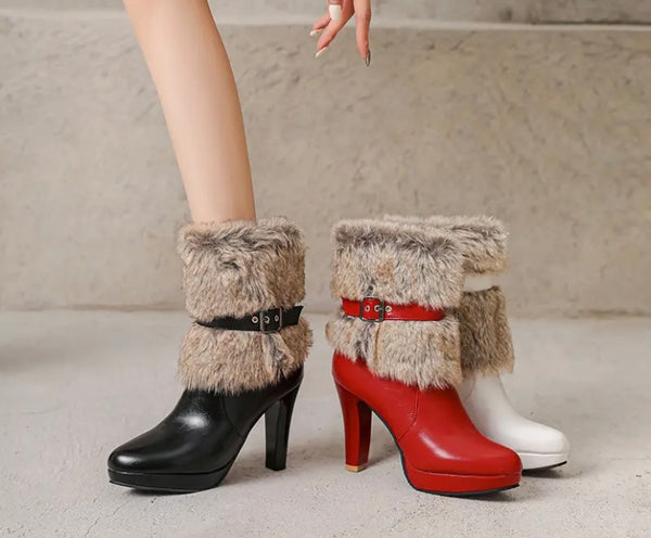 Women Fashion Round Toe Faux Leather Fur Buckled Ankle Boots