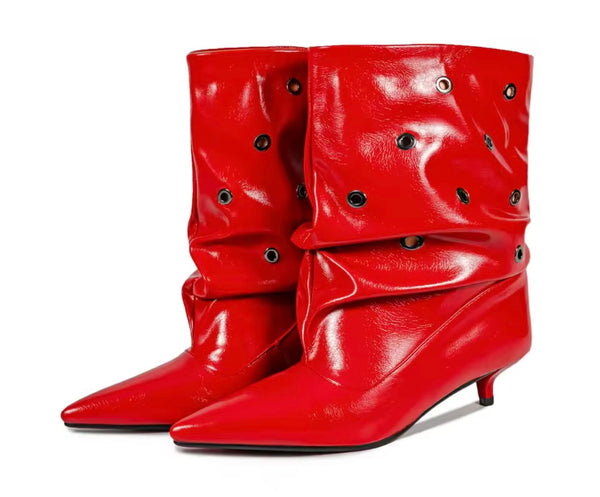 Women Color Pointed Toe Rivet Ruched Fashion Ankle Boots