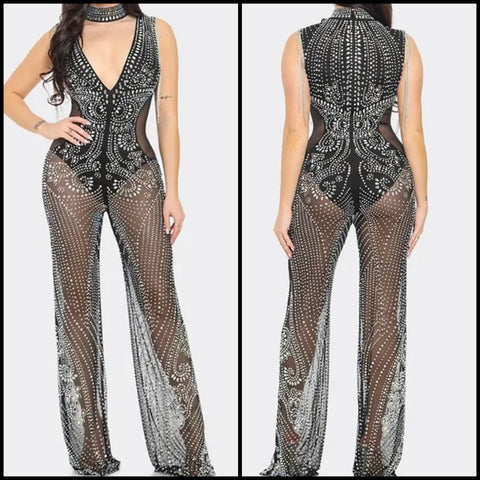 Women Sexy Sleeveless Mesh Bling Jumpsuit