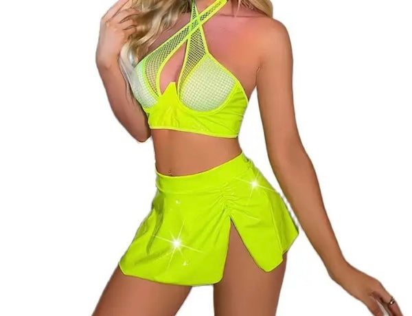 Women Green PU Sexy Three Piece Lingerie Set