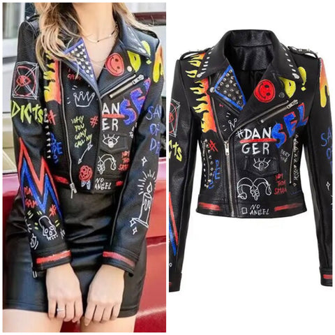 Women Fashion Colorful Printed Faux Leather Jacket