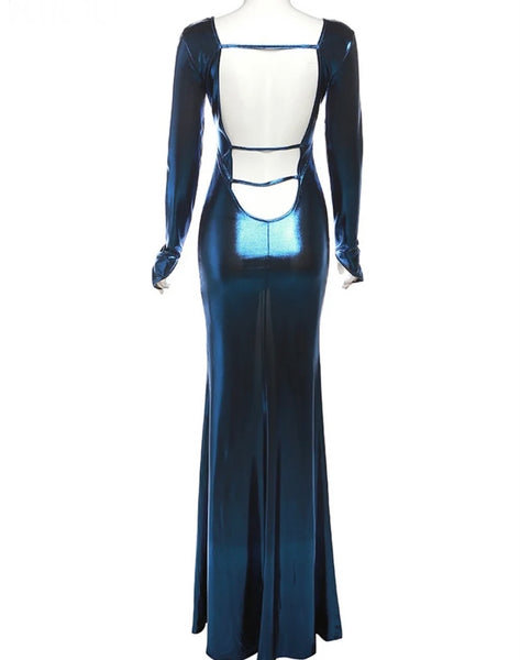 Women Sexy Blue Deep V-Neck Full Sleeve PU Maxi Dress