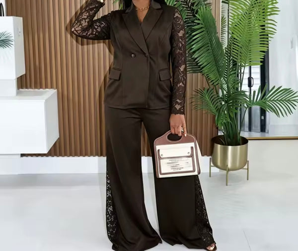 Women Lace Patchwork Blazer Two Piece Pant Set