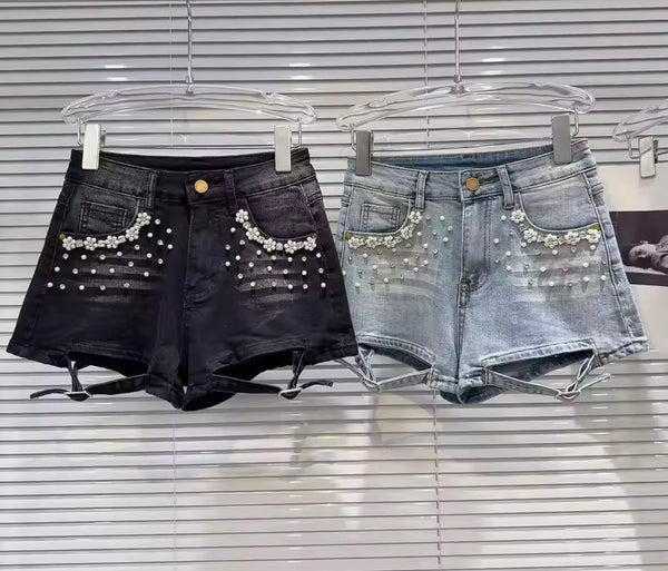 Women Fashion Beaded Bling Buckled Denim Shorts