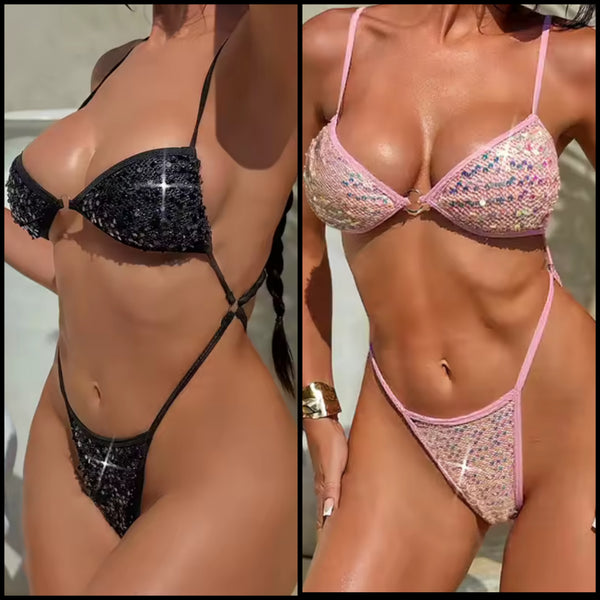 Women Sexy Sequins Open Back Cut Out Thong Swimsuit