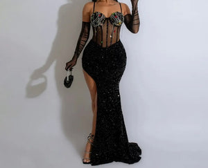 Women Sexy Sleeveless Glove Bling Mesh Patchwork Sequins Maxi Dress