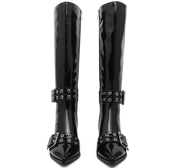 Women Fashion Pointed Toe Buckled Flat Knee High Boots