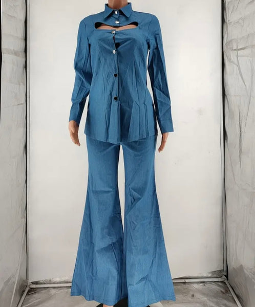 Women Fashion Button Up Full Sleeve Denim Two Piece Pant Set