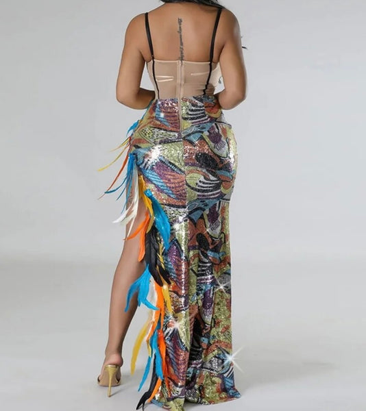 Women Sexy Sleeveless Multicolored Mesh Patchwork Feather Two Piece Bodysuit Skirt Set