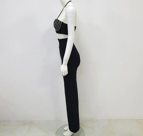 Women Sexy Black Rhinestone Two Piece Sleeveless Pant Set