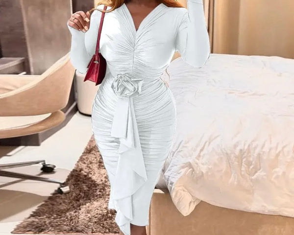 Women Sexy Full Sleeve Ruched Floral Ruffled Dress