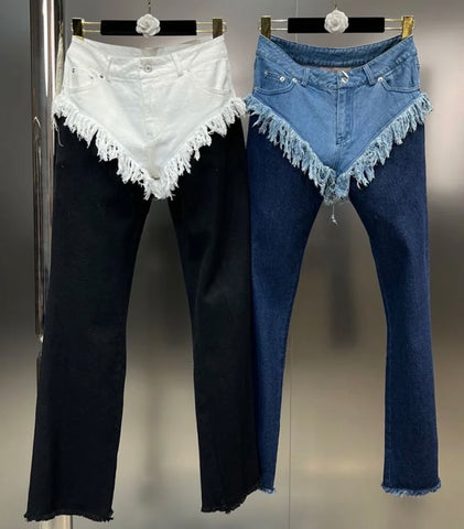 Women Color Patchwork Fashion Fringe Denim Pants