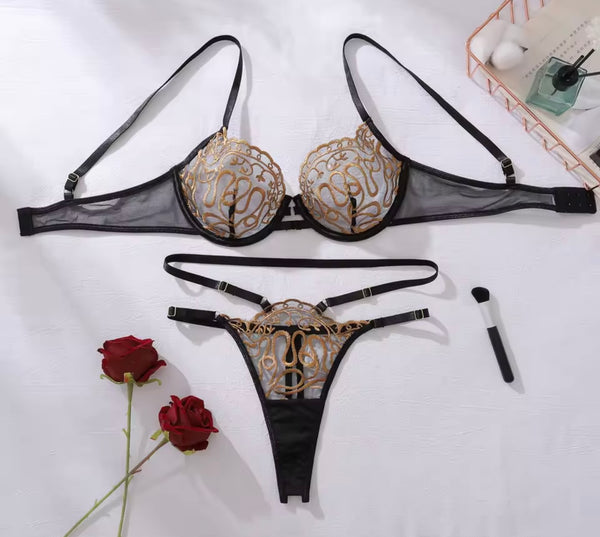 Women Sexy Black Embroidery Print Mesh Lingerie Set