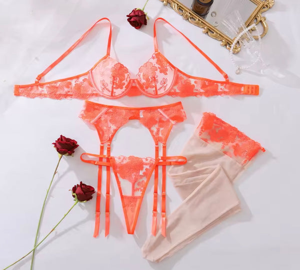 Women Sexy Orange Floral Mesh G-String Lingerie Set