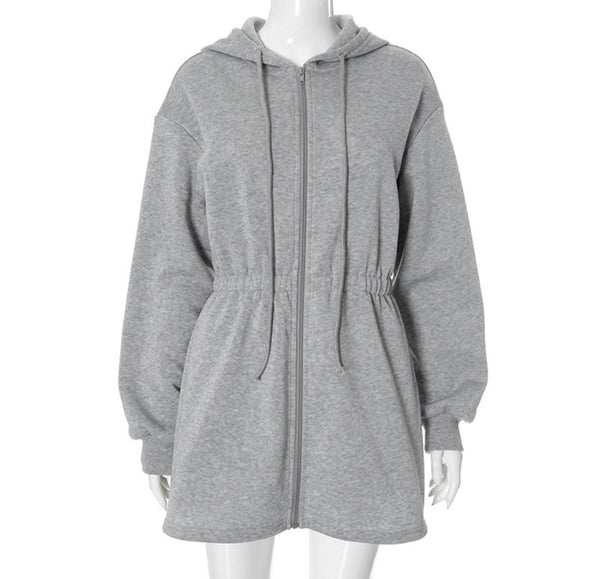 Women Gray Hooded Front Zipper Fashion Sweater Dress