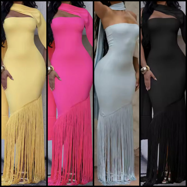 Women Sexy Strapless Scarf Fringe Tassel Maxi Dress