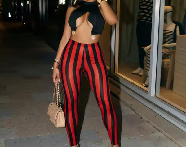 Women Sexy Striped See Through Mesh Pants
