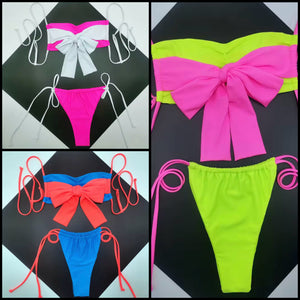 Women Sexy Tie Up Bow Color Patchwork Bikini