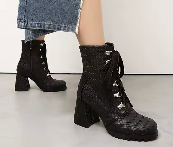 Women Fashion Lace Up Square Heel Ankle Boots