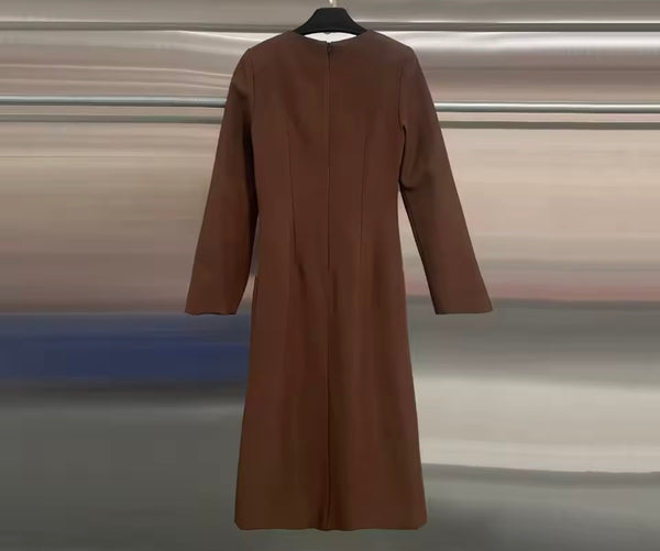 Women Brown Full Sleeve Metal Button Up Maxi Dress