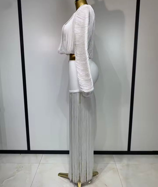 Women White Sexy Fringe Tassel Full Sleeve Two Piece Skirt Set