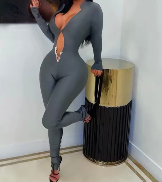 Women Sexy Deep V-Neck Metal Full Sleeve Jumpsuit