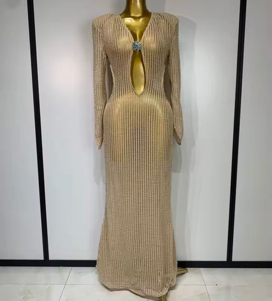 Women Sexy Cut Out Full Sleeve Knitted Maxi Dress
