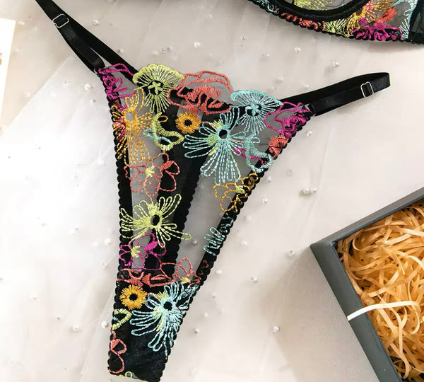 Women Sexy Black Colorful Floral Lace Lingerie Set