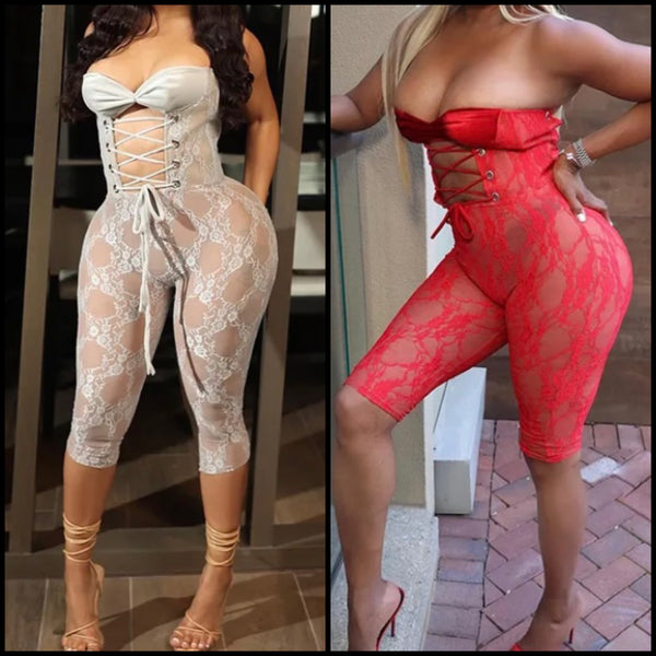 Women Sexy Strapless Cut Out Tie Up Lace Romper