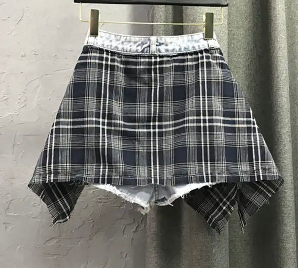 Women Fashion Plaid Patchwork Denim Shorts