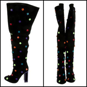 Women Fashion Black Colorful Print Suede Knee High Boots