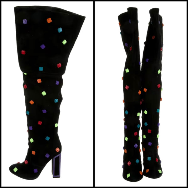 Women Fashion Black Colorful Print Suede Knee High Boots