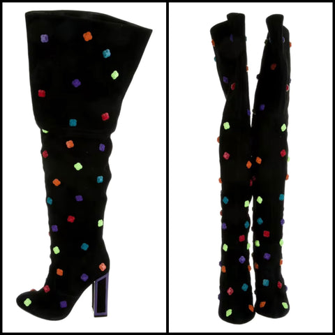 Women Fashion Black Colorful Print Suede Knee High Boots