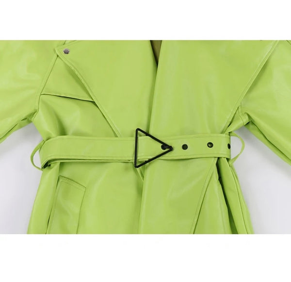 Women Fashion Faux Leather Green Belted Trench Jacket