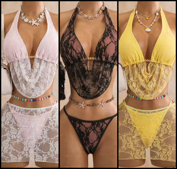 Women Sexy Tie Up Halter Lace Bikini Cover Up Set