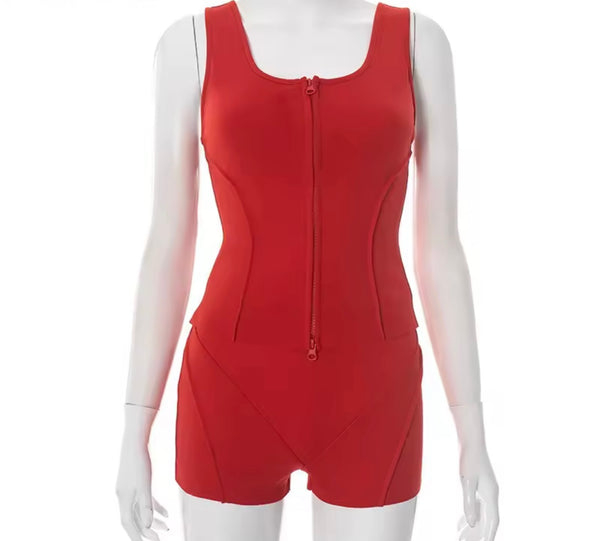 Women Sexy Sleeveless Double Zipper Two Piece Short Set