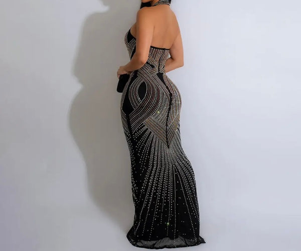 Women Sexy Halter Sleeveless Beaded Mesh Maxi Dress