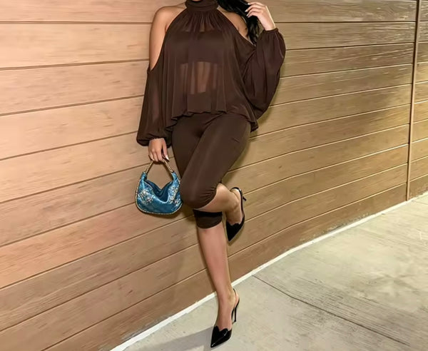 Women Open Shoulder Mesh Full Sleeve Three Piece Capri Pant Set