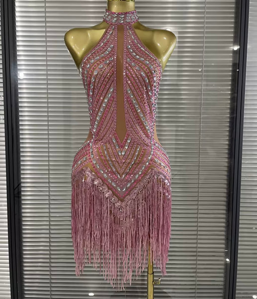 Women Pink Halter Sleeveless Rhinestone Tassel Mesh Dress