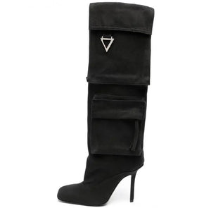 Women Color Fashion Pocket Denim Knee High Boots